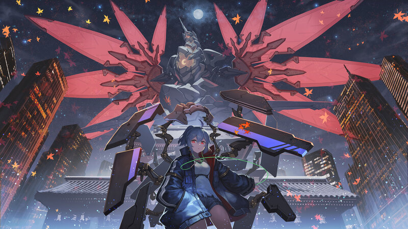 Blue-haired Girl with Mechs