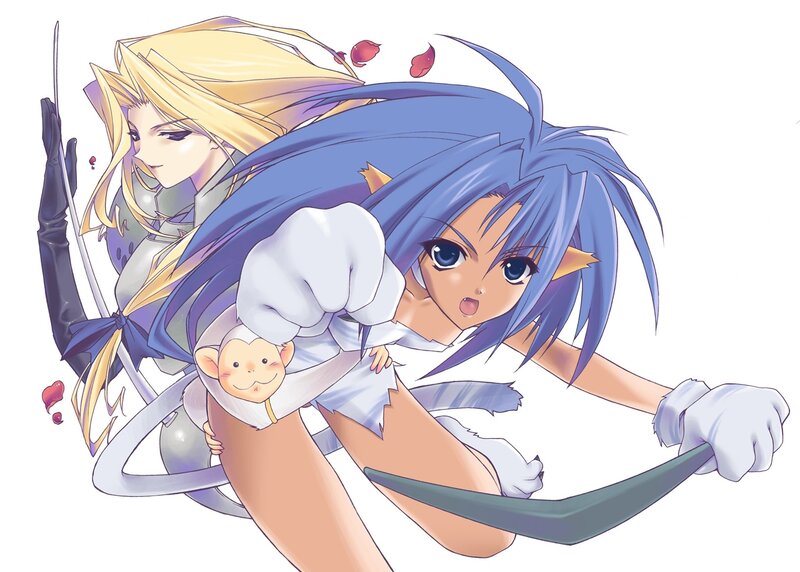 Blue-haired girl with monkey companion