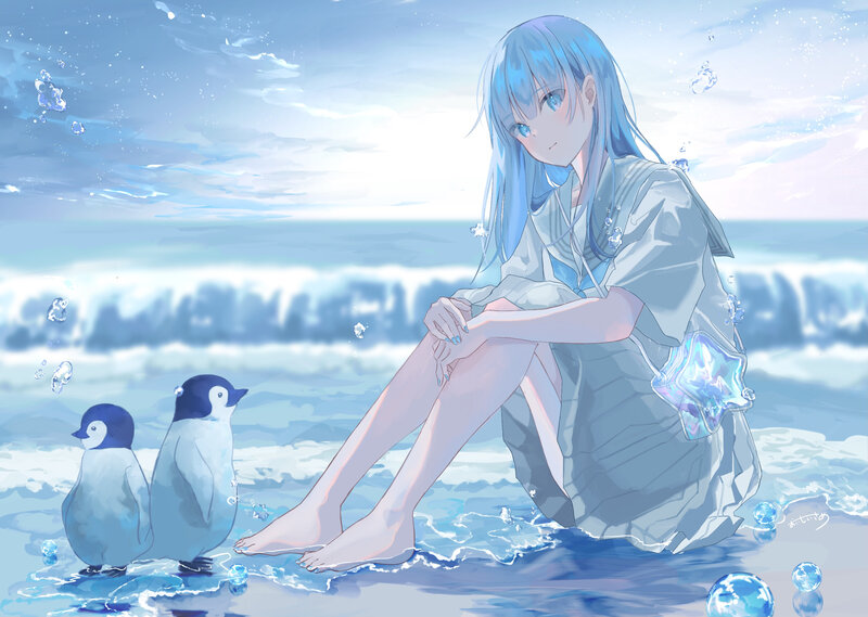 Blue-haired Girl with Penguins