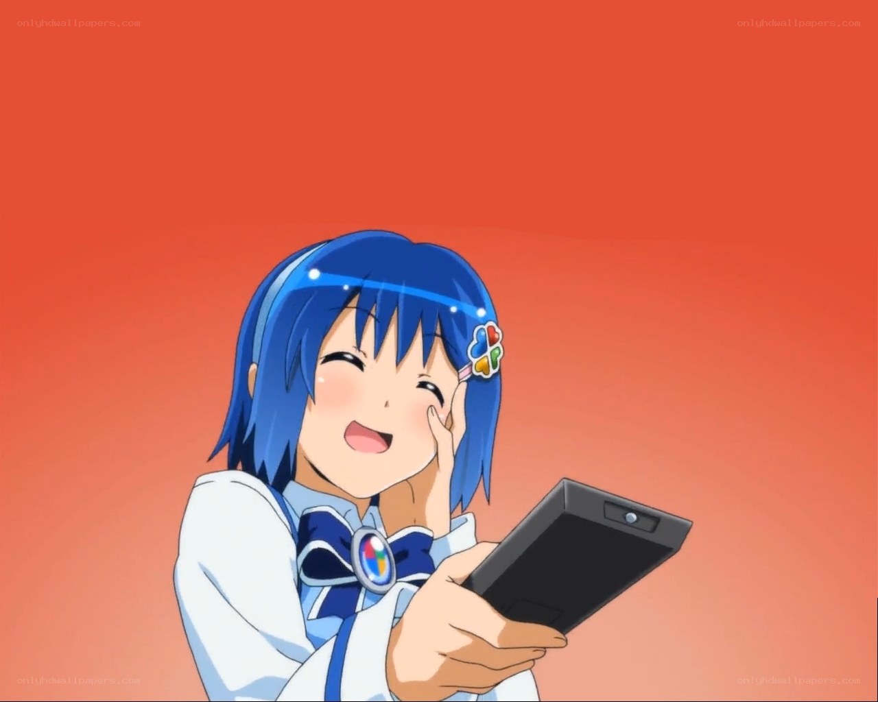 blue-haired girl with phone
