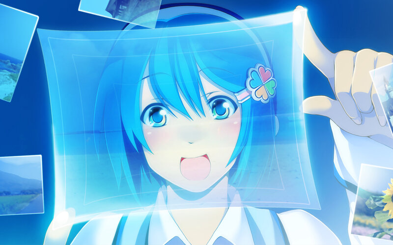 blue-haired girl with photo