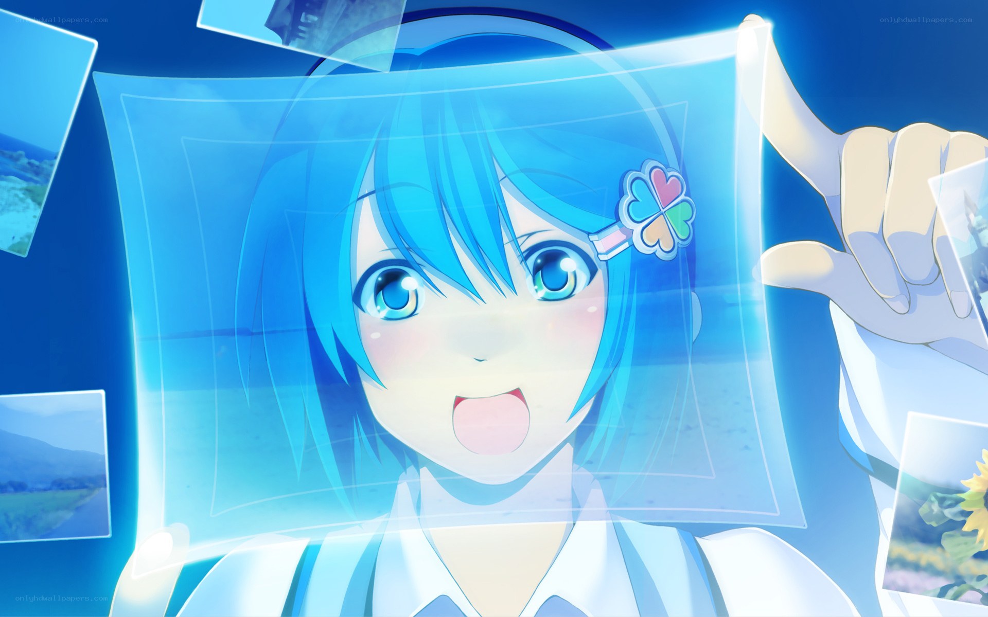 blue-haired girl with photo