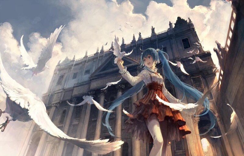 Blue-haired Girl with Pigeons — Blue
