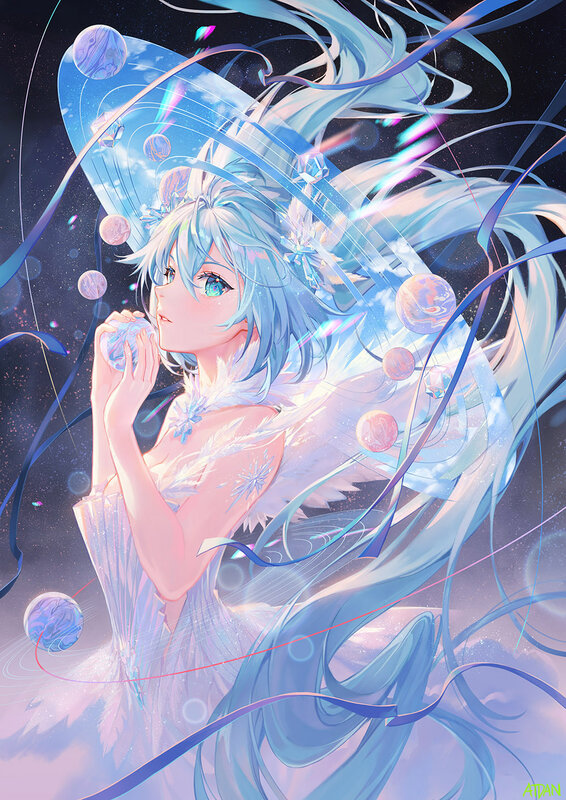 Blue-haired Girl with Planets
