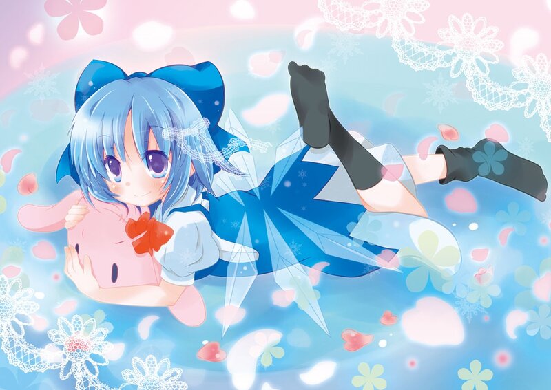 blue-haired girl with plush toy