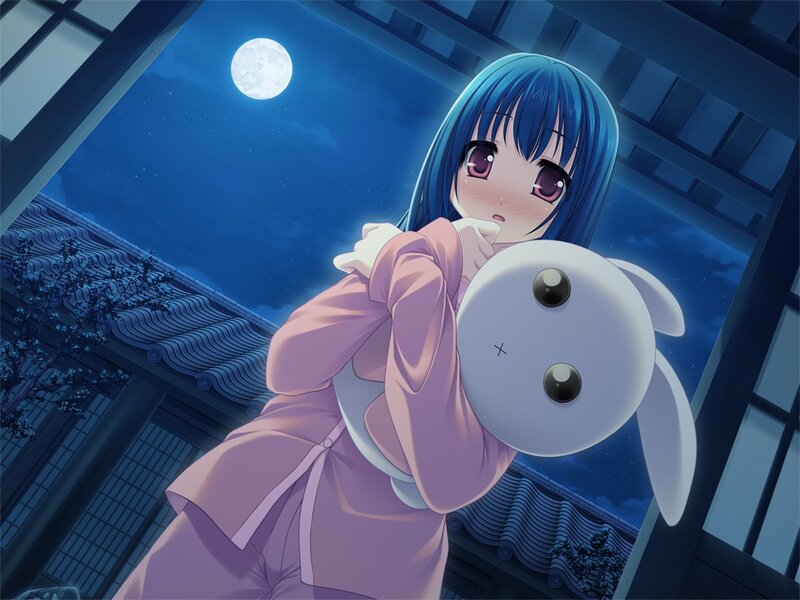 Blue-haired girl with plush toy