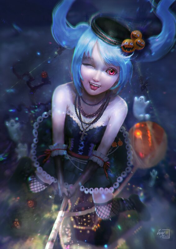 Blue-haired Girl with Pumpkin
