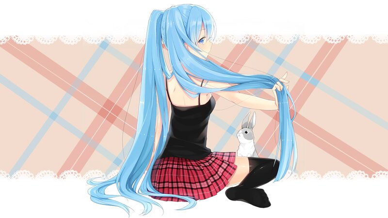Blue-haired Girl with Rabbit — Blue, Calm, Anime