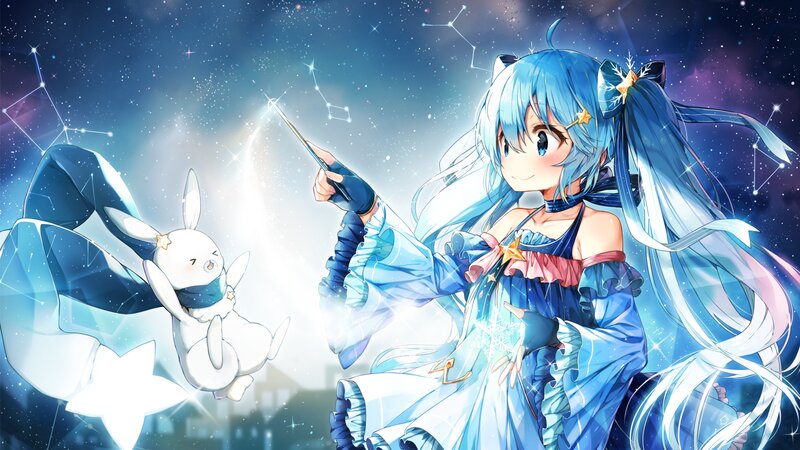 Blue-haired Girl with Rabbit — Blue, Magical, Night