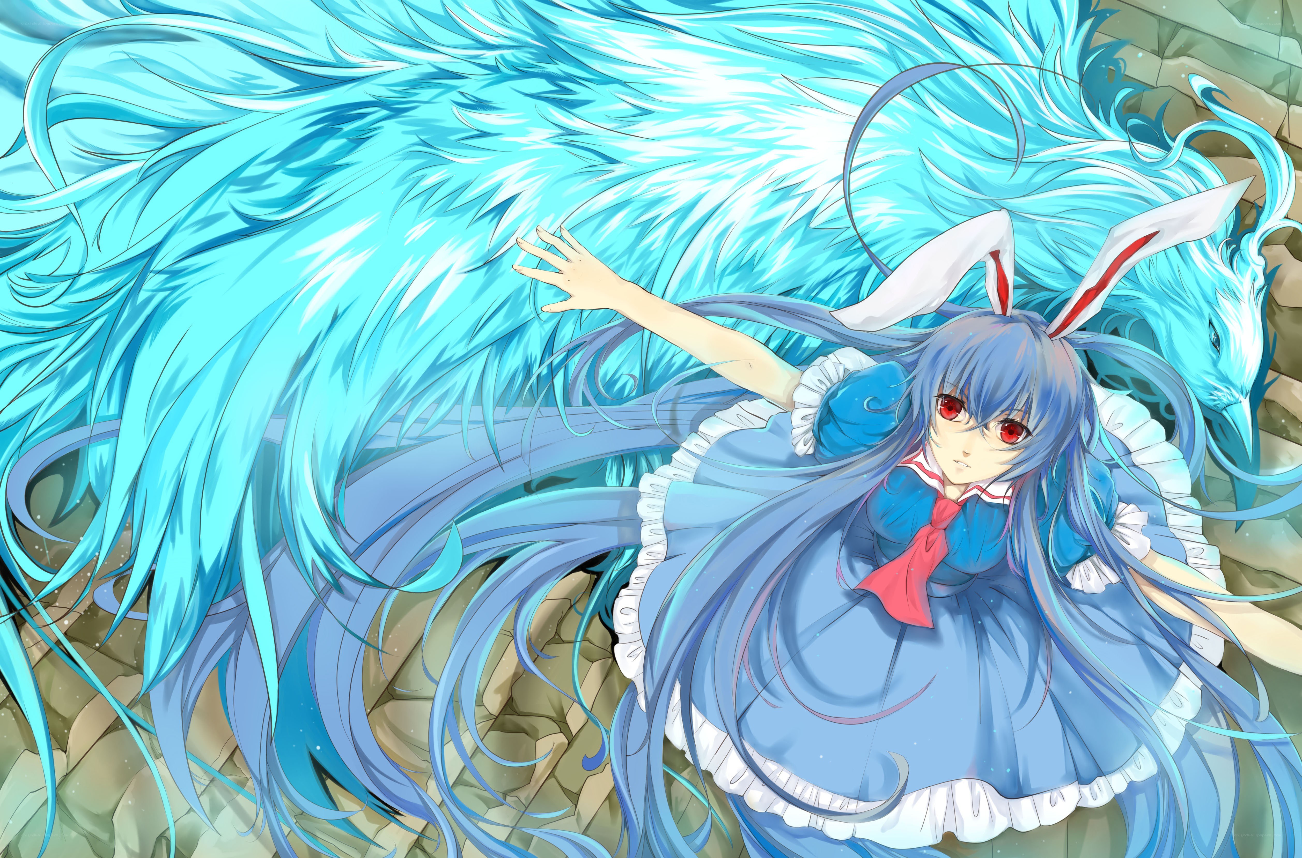 blue-haired girl with rabbit ears
