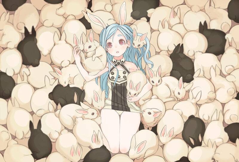 Blue-haired Girl with Rabbits