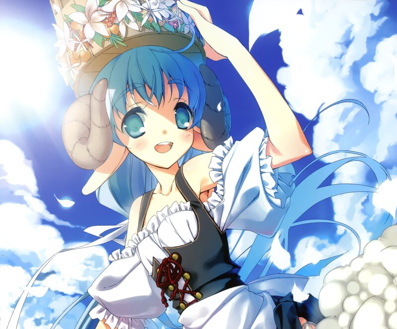 blue-haired girl with ram horns