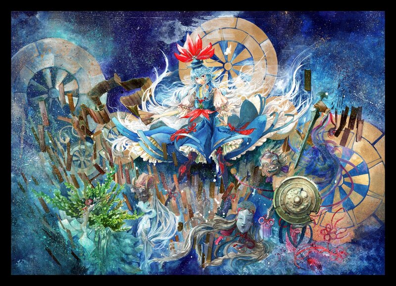 Blue-haired girl with red flower