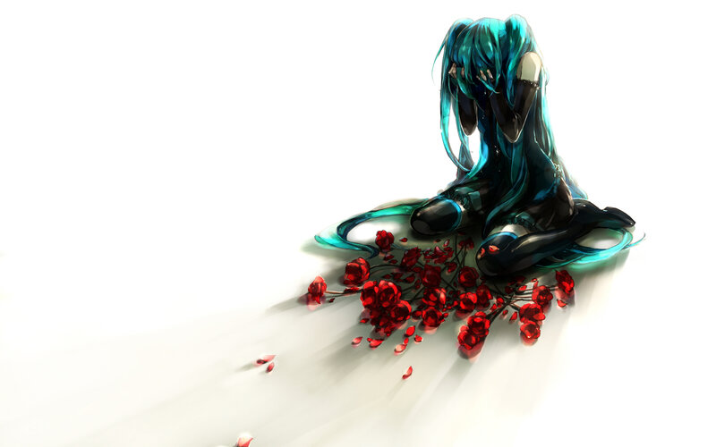 blue-haired girl with red roses