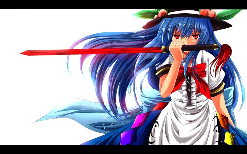 blue-haired girl with red sword