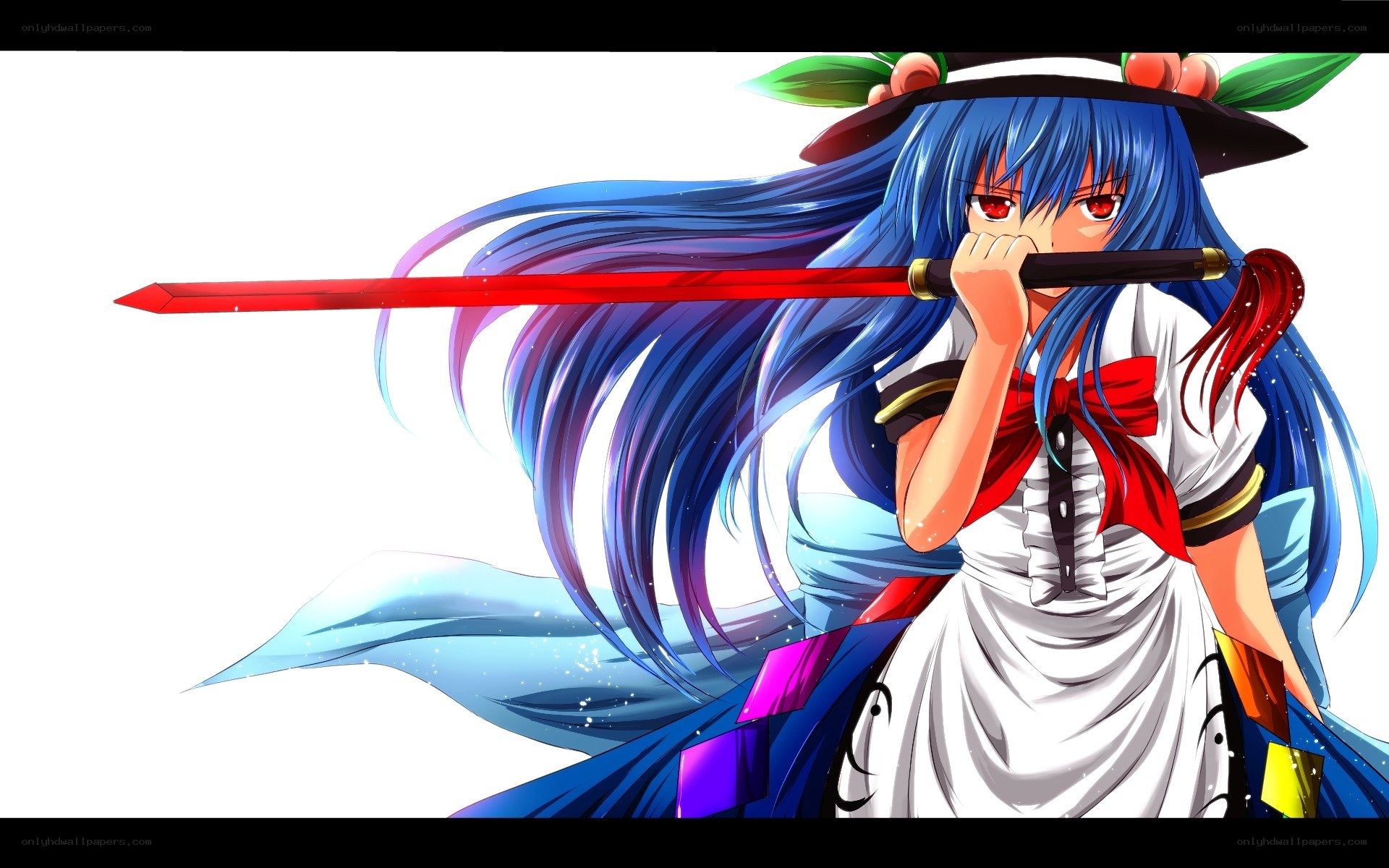 blue-haired girl with red sword
