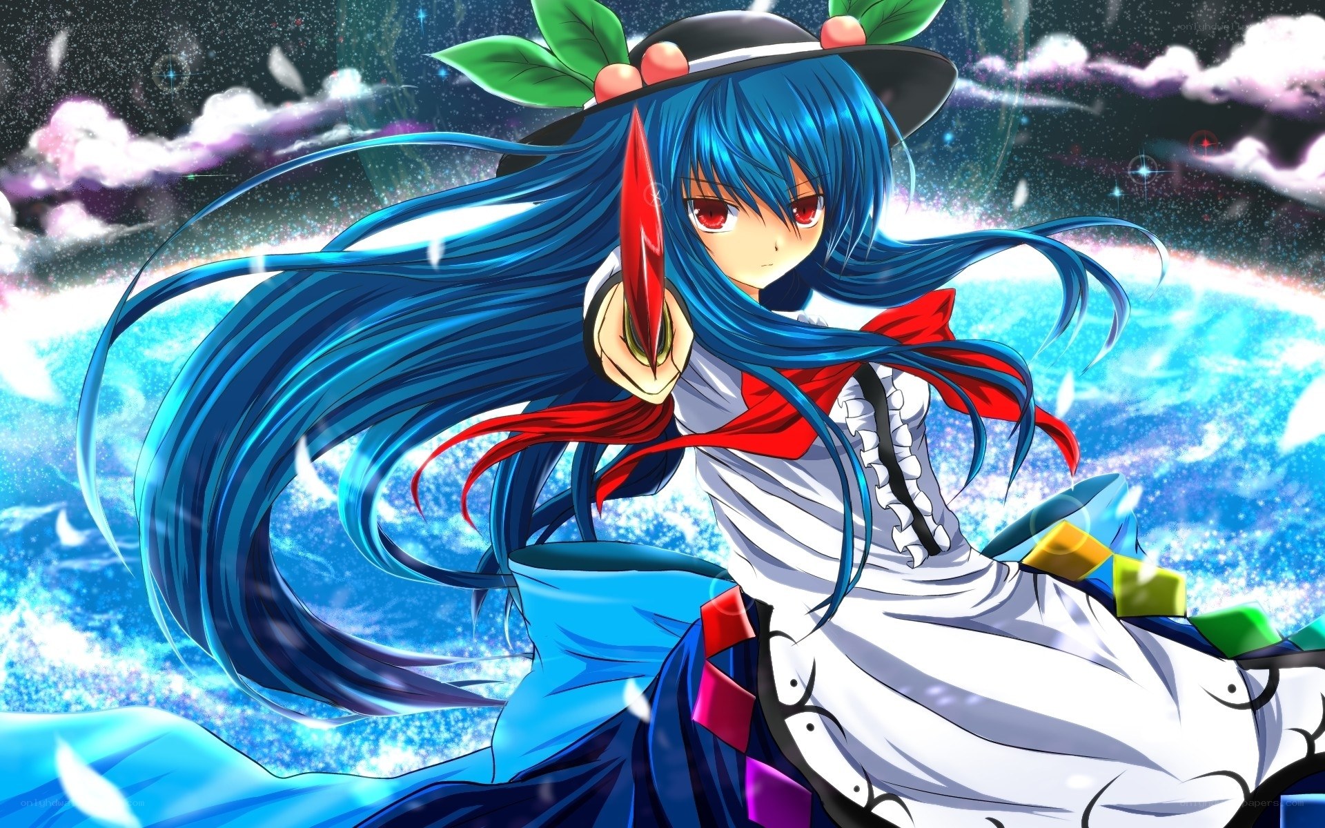 blue-haired girl with red sword