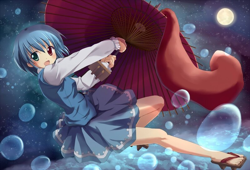 Blue-haired girl with red umbrella