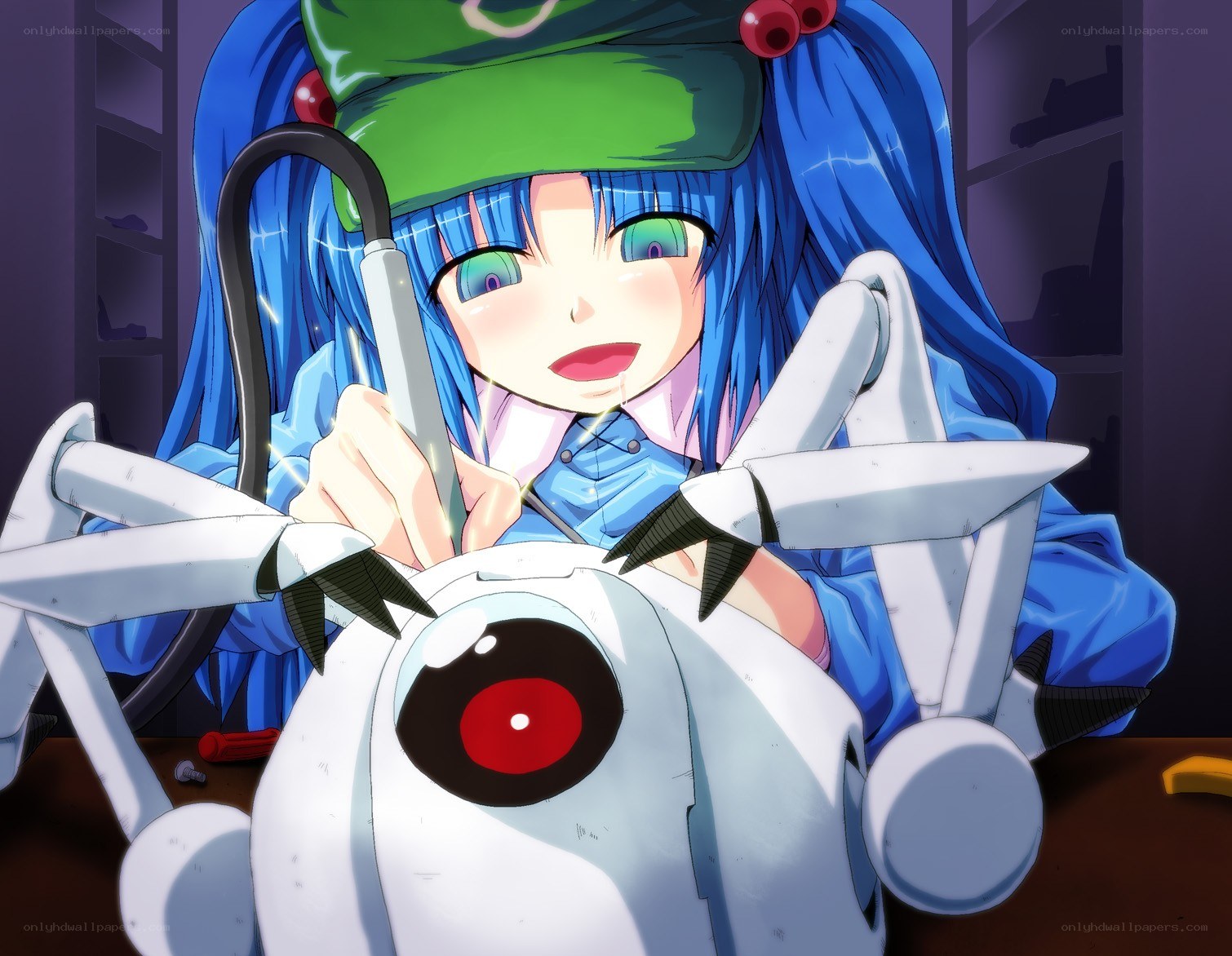 blue-haired girl with robot