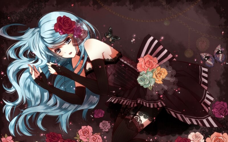 Blue-haired Girl with Roses — Black, Dramatic