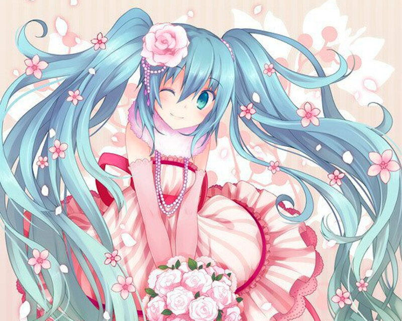 Blue-haired Girl with Roses — Pink, Cheerful