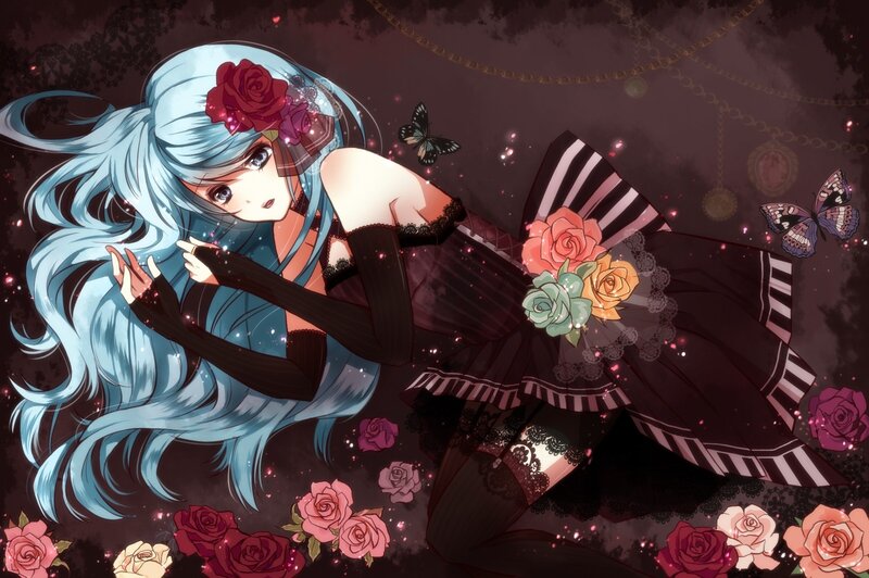 blue-haired girl with roses