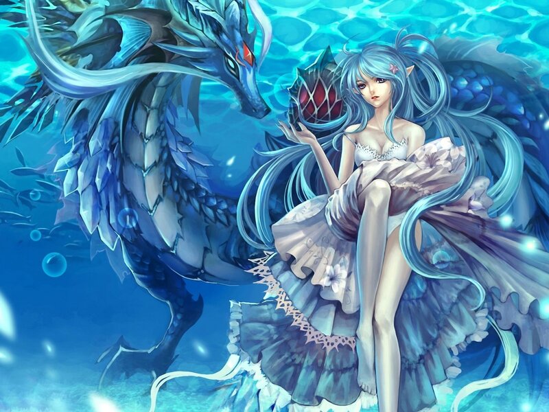 Blue-haired girl with sea dragon