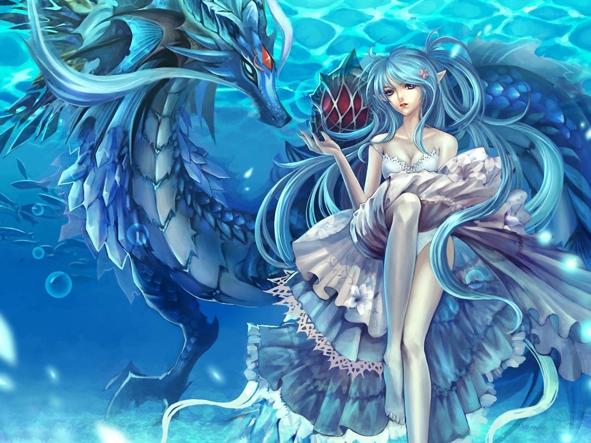 Blue-haired girl with sea dragon