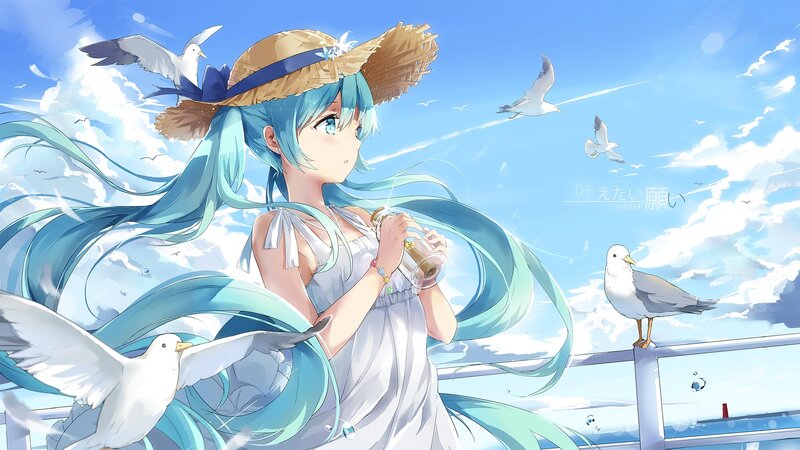 Blue-haired Girl with Seagulls — Blue, Serene