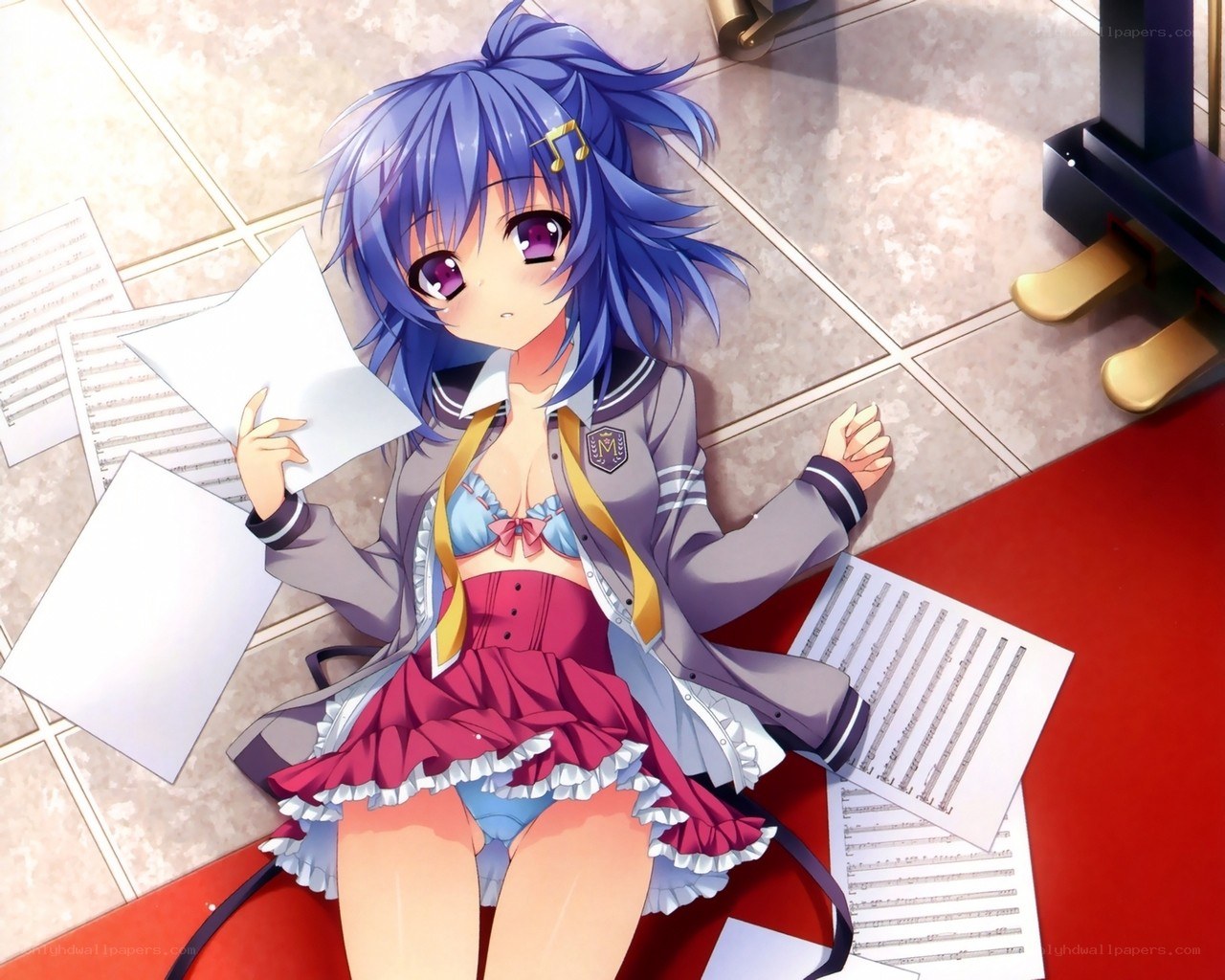 Blue-haired girl with sheet music
