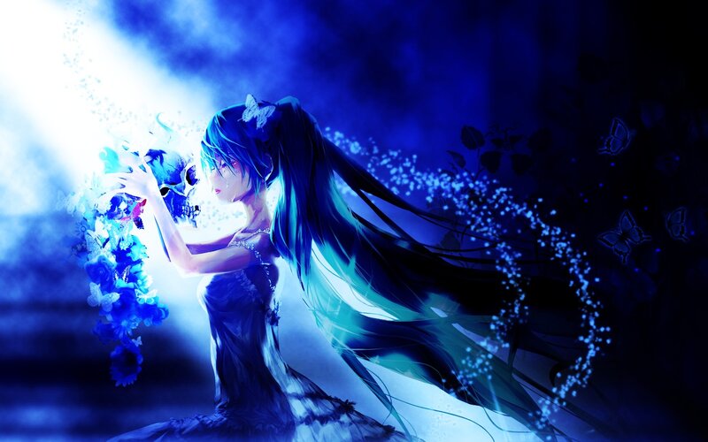 Blue-haired girl with skull and flowers