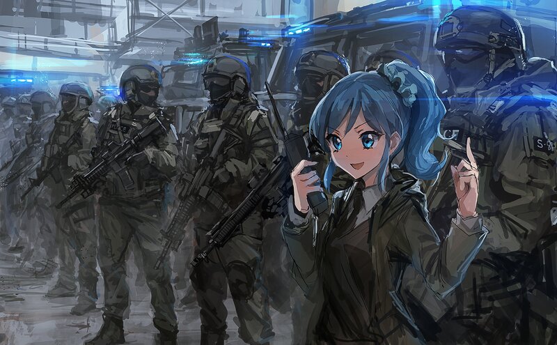 Blue-haired Girl with Soldiers
