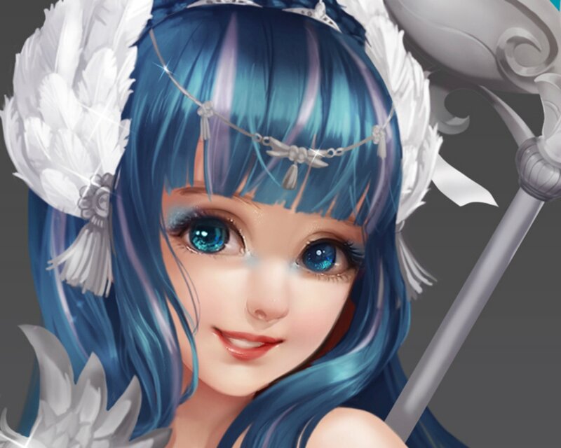 Blue-haired Girl with Staff — Blue, Calm