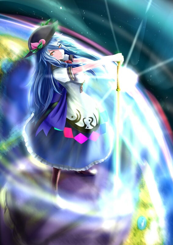 Blue-haired Girl with Staff — Blue, Dramatic, Anime, Hat