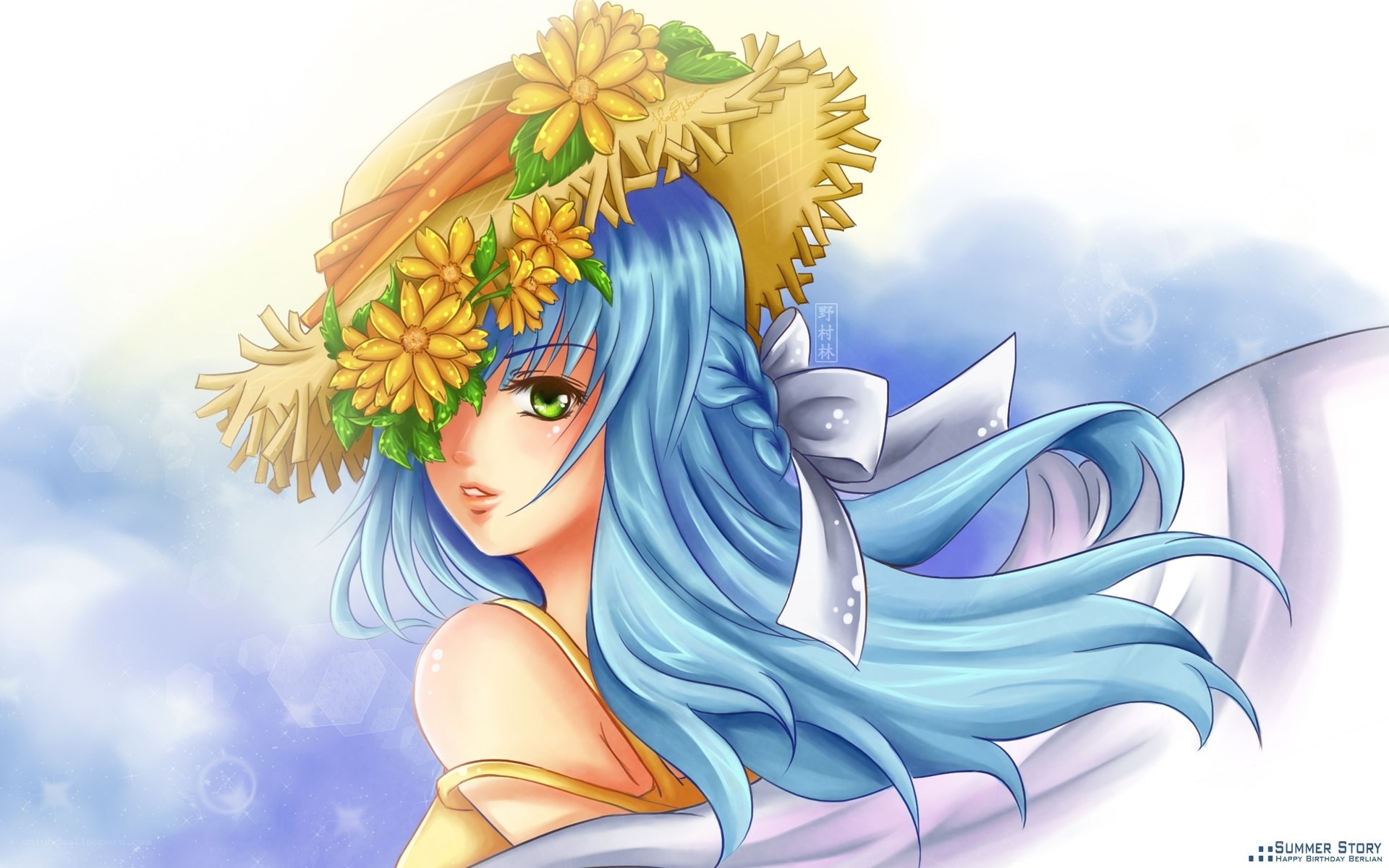 blue-haired girl with straw hat