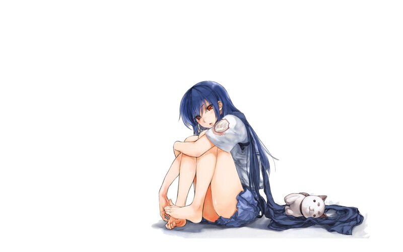 Blue-haired girl with stuffed animal
