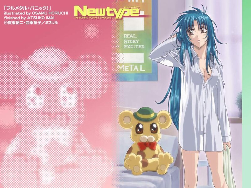 Blue-haired girl with stuffed animal