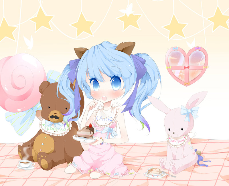 Blue-haired Girl with Stuffed Animals
