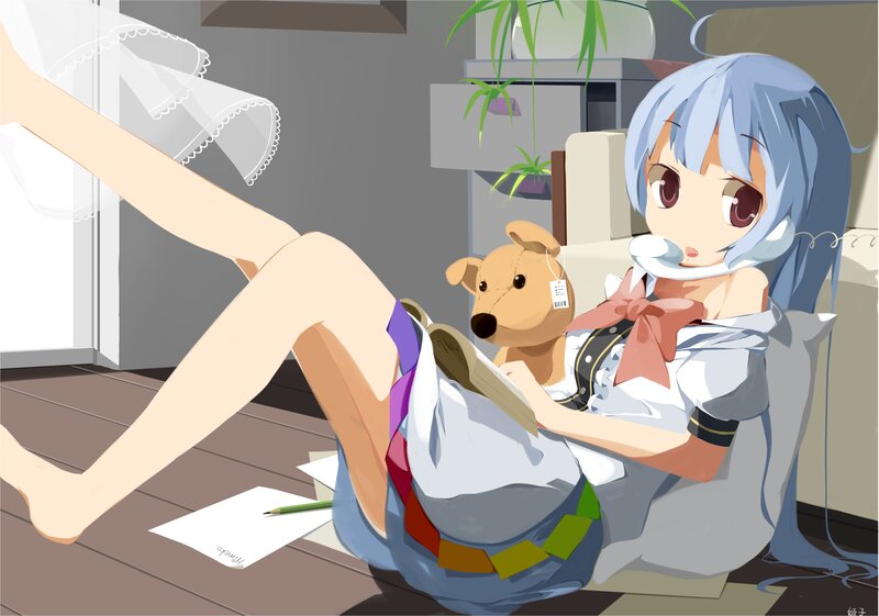 Blue-haired girl with stuffed dog