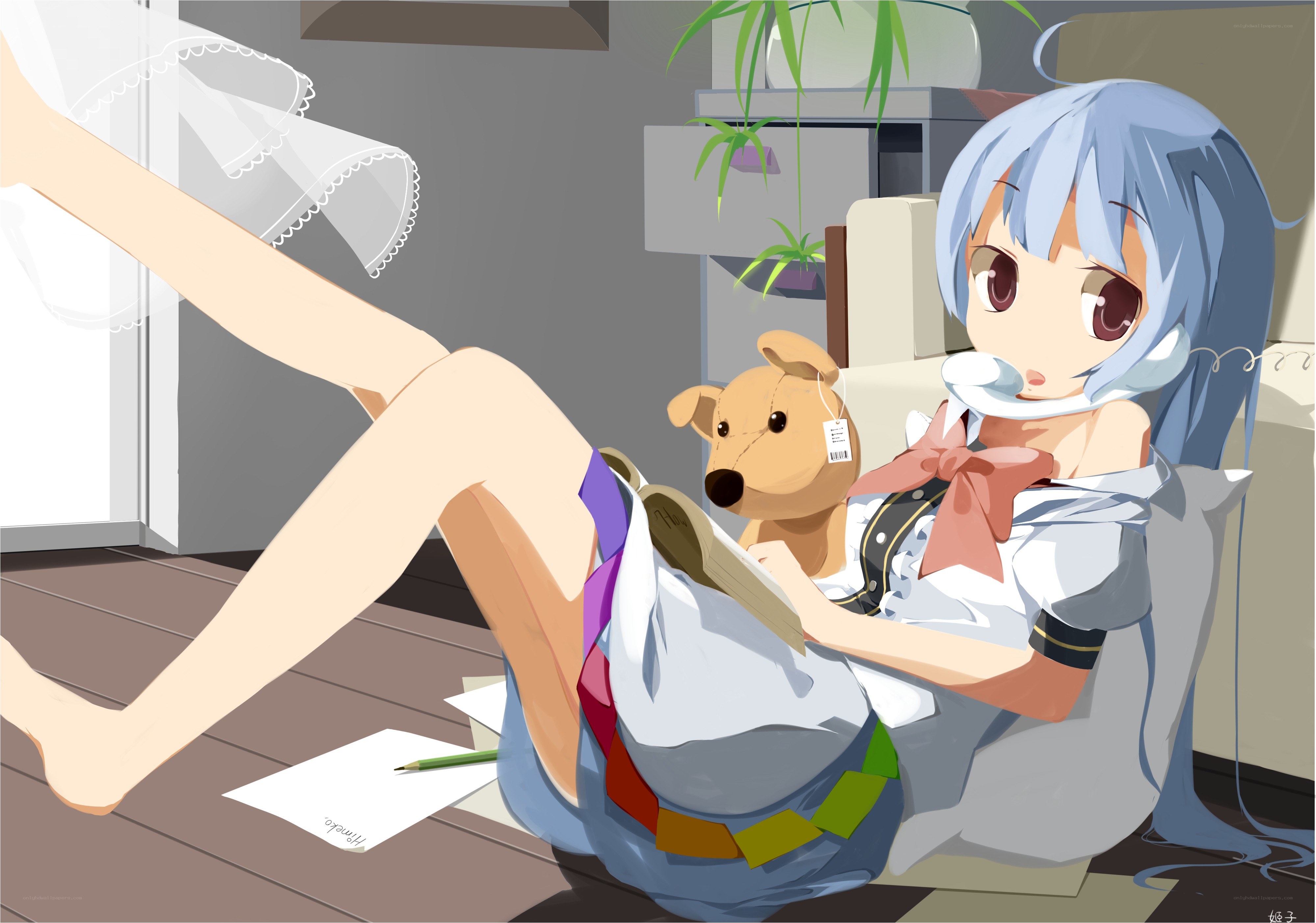 Blue-haired girl with stuffed dog