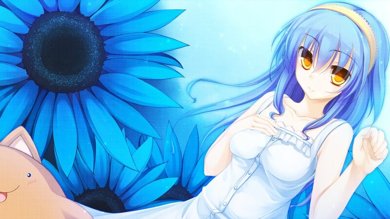 blue-haired girl with sunflower