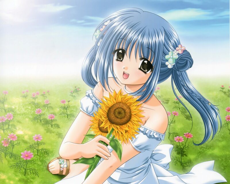 Blue-haired Girl with Sunflower — Blue, Serene, Afternoon, Anime