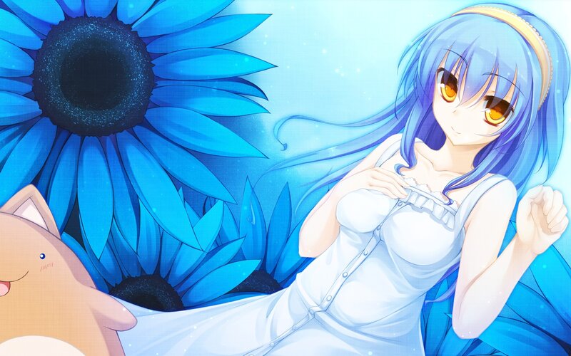 blue-haired girl with sunflower