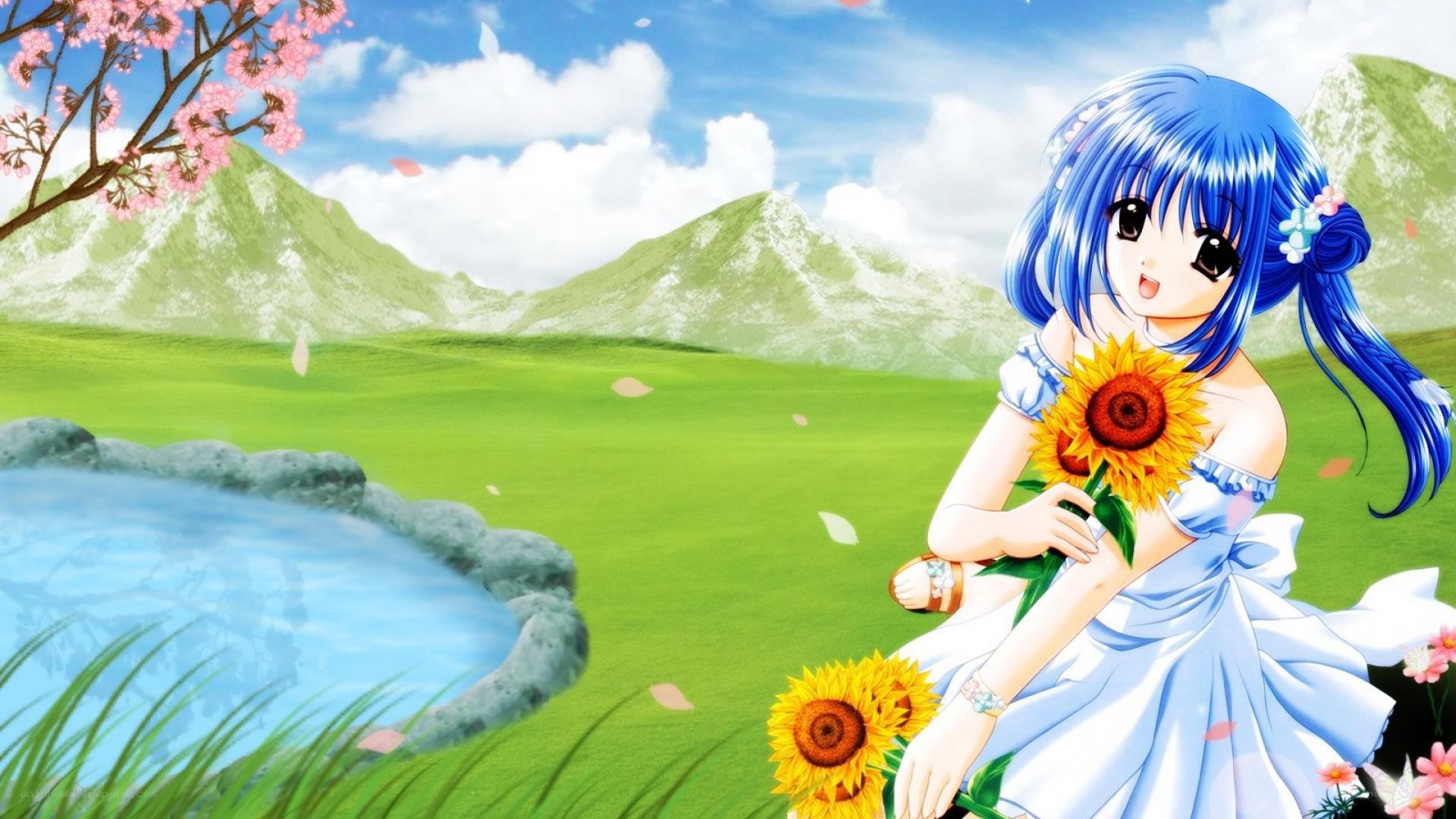 Blue-haired girl with sunflowers