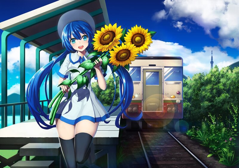 Blue-haired Girl with Sunflowers — Blue, Cheerful, Afternoon