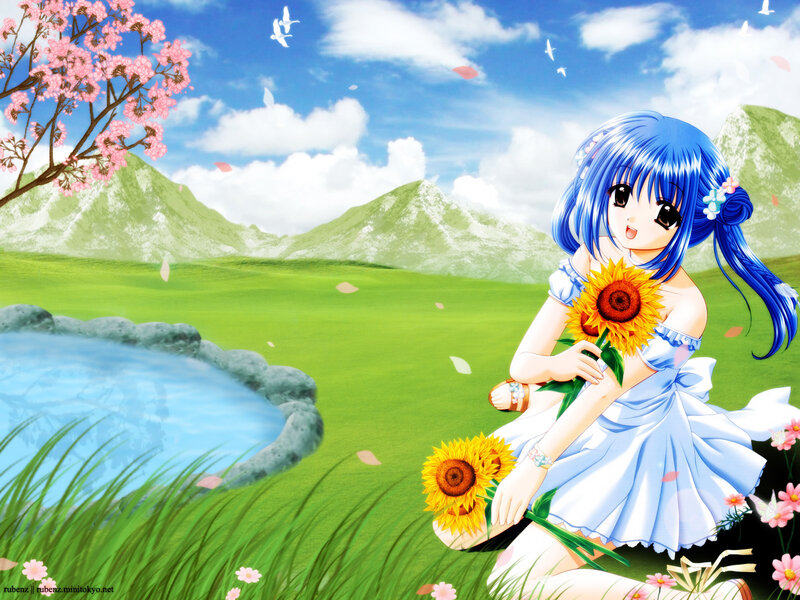 Blue-haired girl with sunflowers