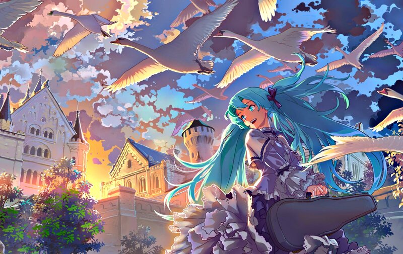 Blue-haired Girl with Swans — Blue, Dramatic
