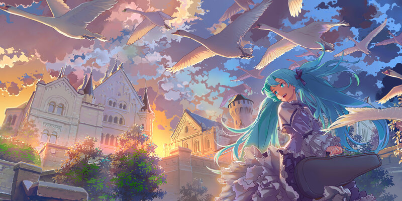 Blue-haired Girl with Swans — Blue, Serene