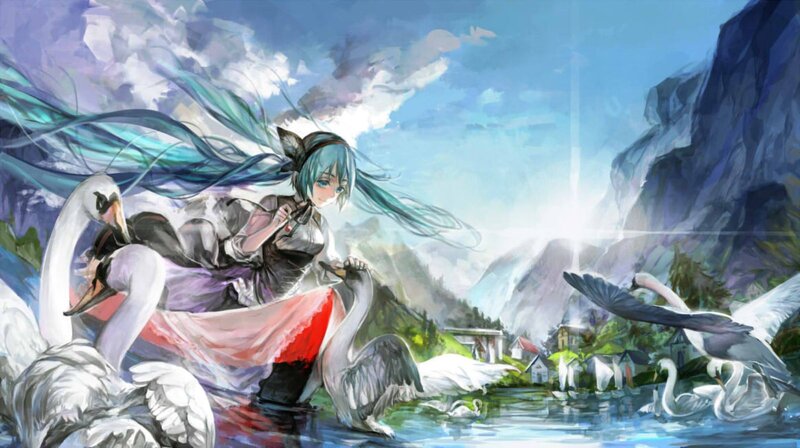 Blue-haired Girl with Swans