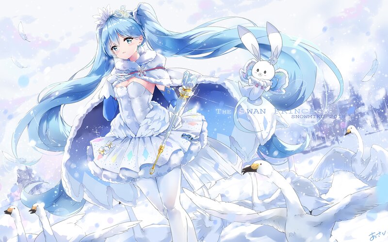 Blue-haired Girl with Swans — White